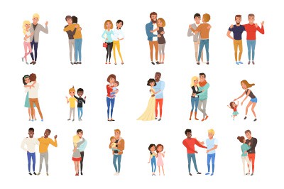 Set with hugging people. Friends, girlfriends, brothers, mothers and kids, couples in love. Cartoon characters with happy faces. Flat vector design